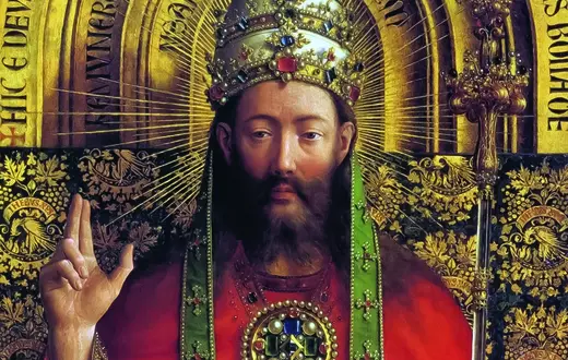 Fragment Ołtarza Gandawskiego, przedstawiający Chrystusa Króla. Dzieło, którego głównym tematem jest odkupienie ludzkości przez ofiarę Chrystusa, wykonane zostało przez Huberta i Jana van Eycków, ukończone w 1432 r. fot. WIKIPEDIA