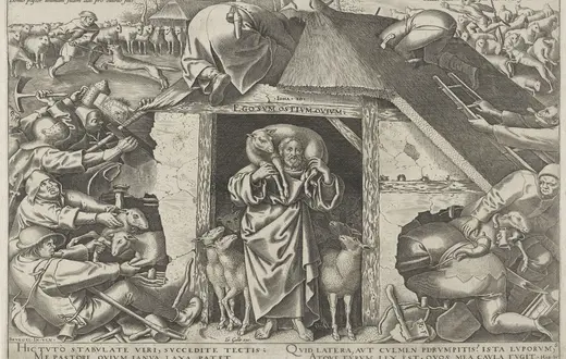„Ego sum ostium ovium” – „Ja jestem bramą dla owiec” głosi napis na drzwiach na rycinie Philipsa Galle z XVI w. Pokazuje ona dramatyzm przypowieści o Dobrym Pasterzu – by chronić swoje owce, naraża on też swoje życie fot. Sepia Times/Universal Images Group/Getty Images