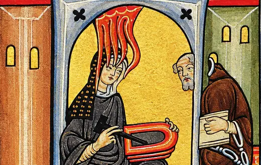 Miniatura przedstawiająca św. Hildegardę z Bingen, otrzymującą boskie natchnienie (wizję) i zapisującą je na tabliczce woskowej, w obecności mnicha sekretarza Volmara, ok. 1165–1175, autor nieznany | fot. Wikipedia