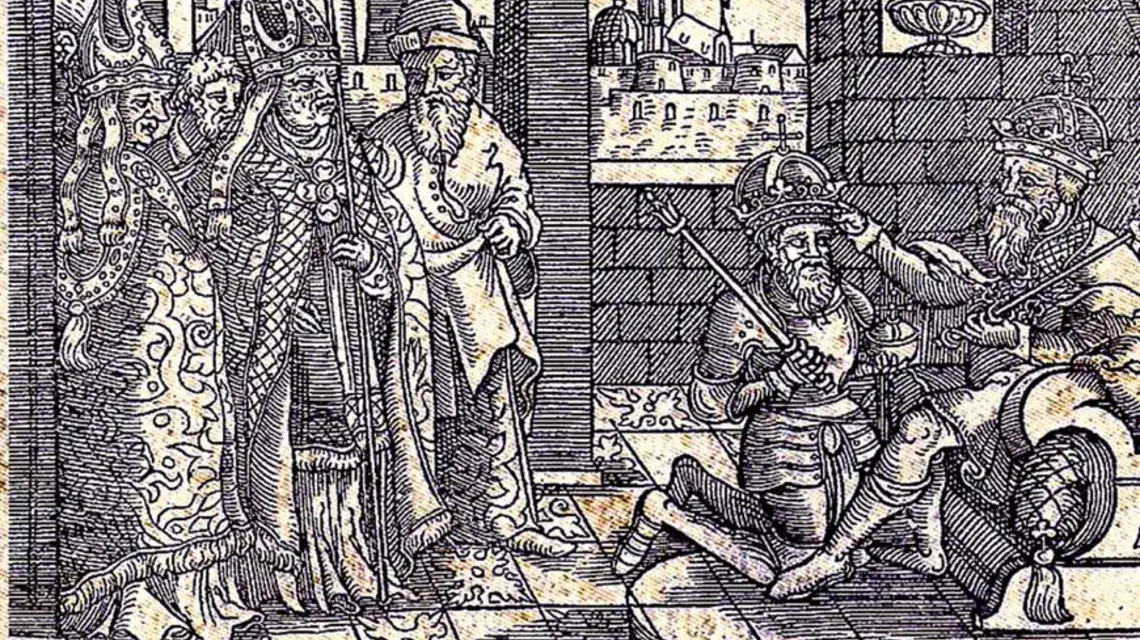 Koronacja Bolesława Chrobrego przez Ottona III według Historii wszystkiego świata Marcina Bielskiego z 1564 r. (oryg. m.in. w Bibliotece Jagiellońskiej)