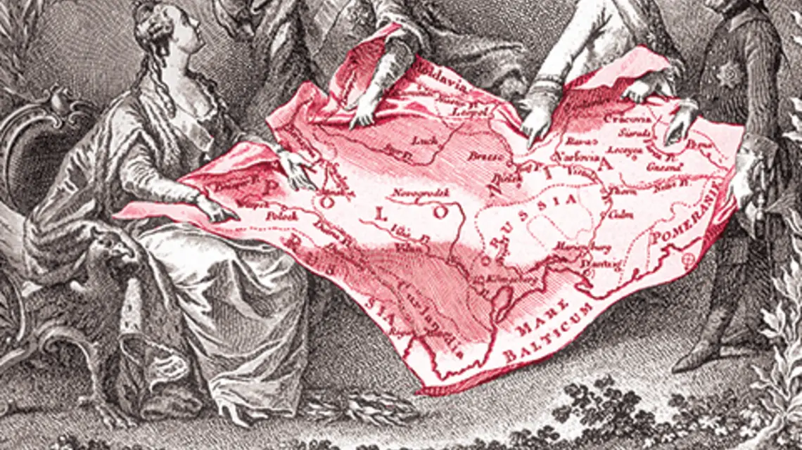 FOT. WIKIMEDIA. Alegoria I rozbiór Polski. Rycina z XVII w. Od lewej caryca Katarzyna II, Stanisław August, cesarz Austrii Józef II i król Prus Fryderyk II.
