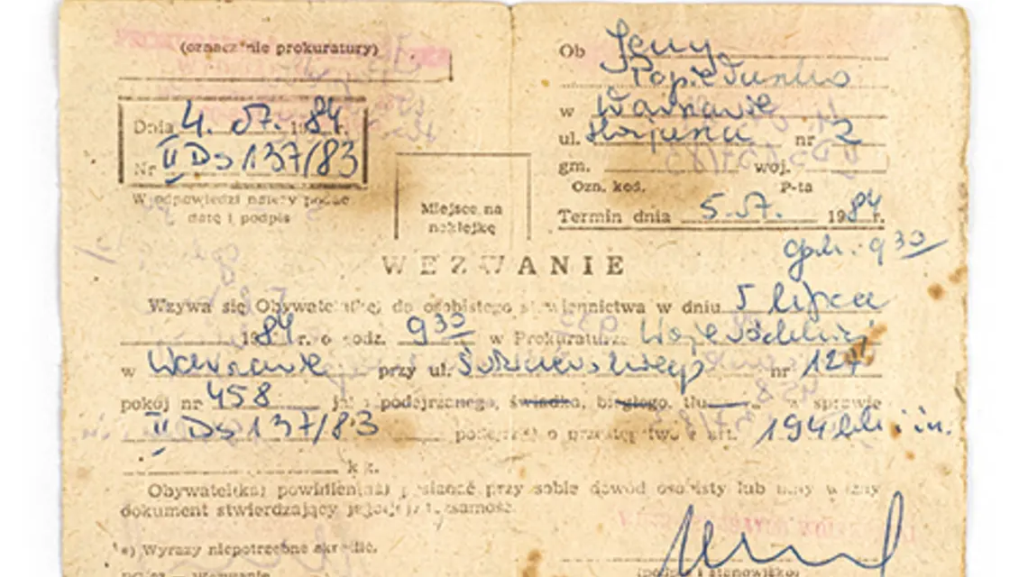 wezwanie do prokuratury, które znaleziono przy ks. Jerzym w dniu śmierci fot archiwum