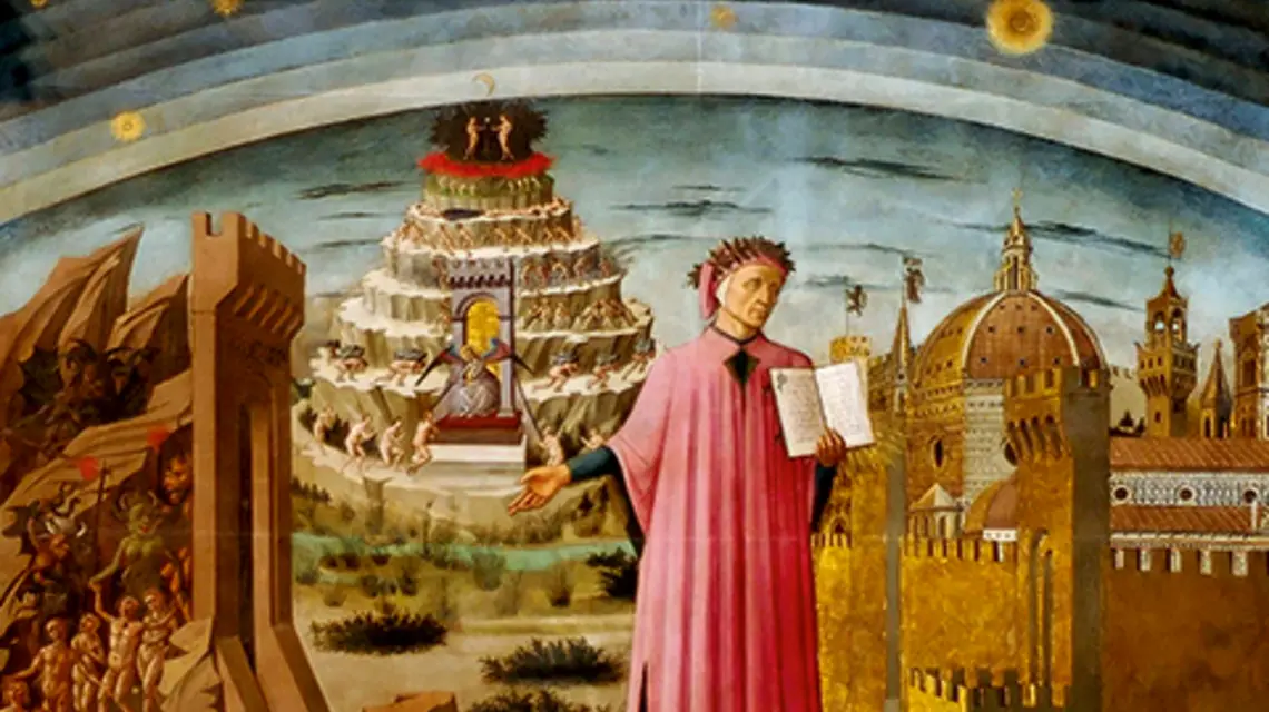 Dante i trzy królestwa – obraz włoskiego malarza Domenico di Michelino, znajdujący się obecnie we florenckim kościele Santa Maria del Fiore fot. Wikipedia