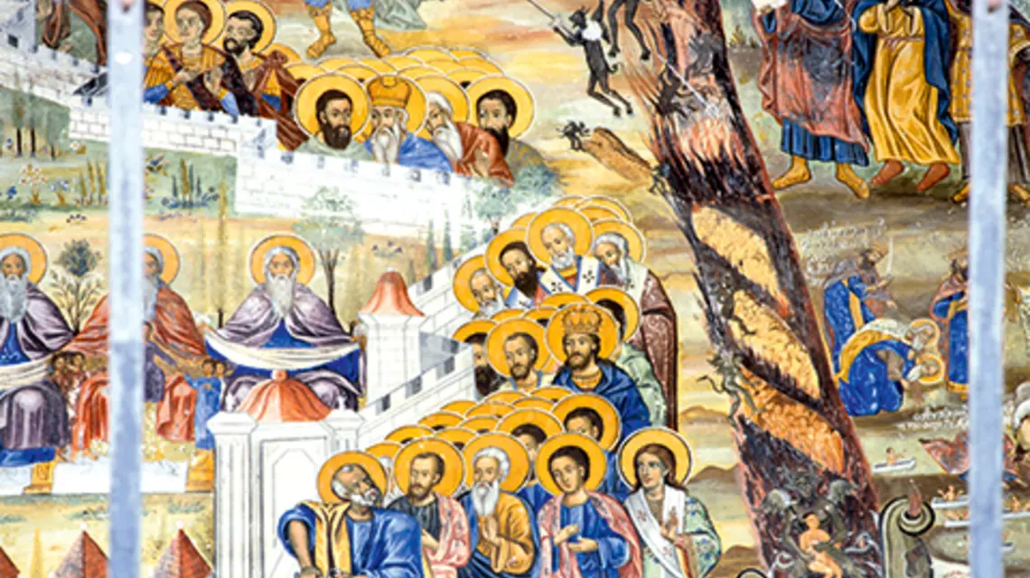 Św. Piotr otwiera bramy nieba, fresk Sądu ostatecznego w klasztorze Timios Prodromos, Serres, Macedonia Środkowa. Grecja, XIV wiek fot. DeAgostini/Getty Images