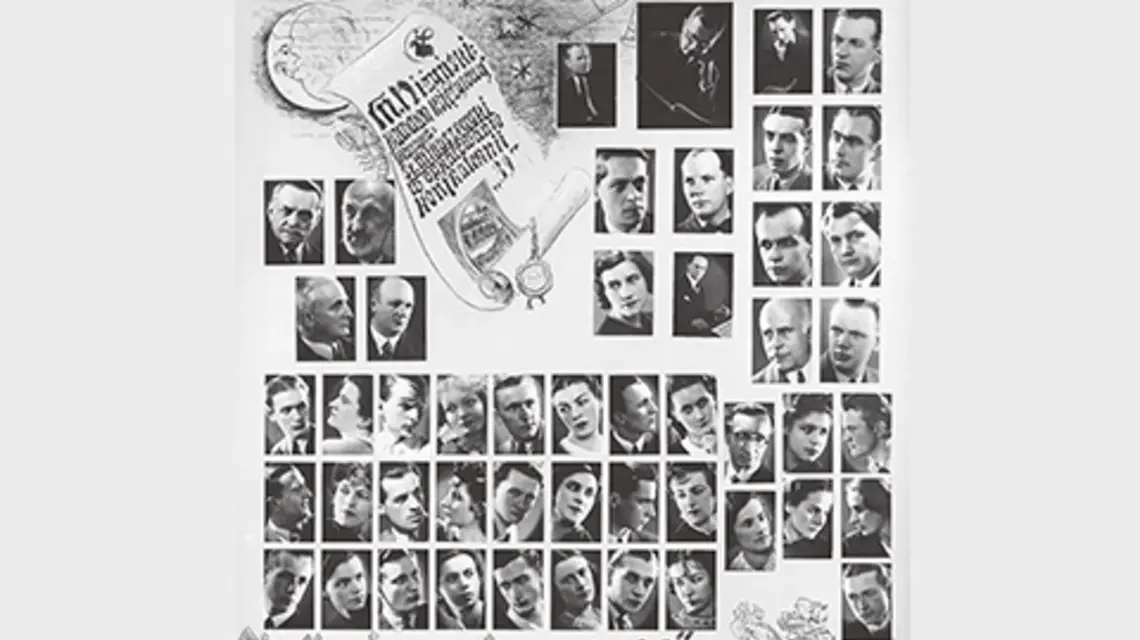 Plakat z przedstawienia Kawaler księżycowy. Na zdjęciu: członkowie Studia Dramatycznego 39, a wśród nich Karol Wojtyła (pierwszy z prawej, w trzecim rzędzie od dołu) Fot. Laski Diffusion / East News