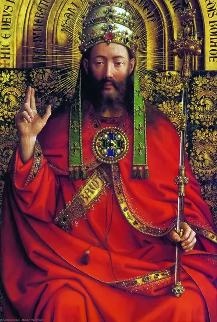 Fragment Ołtarza Gandawskiego, przedstawiający Chrystusa Króla. Dzieło, którego głównym tematem jest odkupienie ludzkości przez ofiarę Chrystusa, wykonane zostało przez Huberta i Jana van Eycków, ukończone w 1432 r. fot. WIKIPEDIA