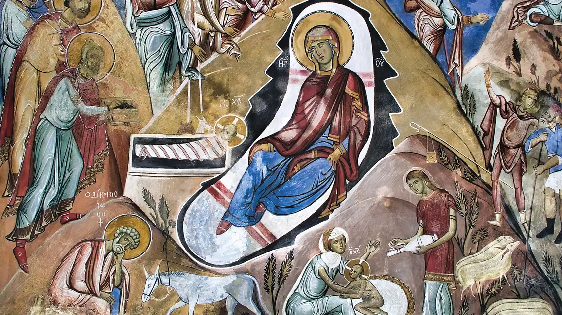 Freski prawosławno- -bizantyjskie – La Panagia tou Araka, czyli Arakos (Cypr) – Narodziny Jezusa z pierwszą kąpielą fot. Gianpiero/Adobe Stock