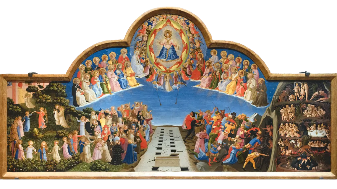 Sąd Ostateczny, Fra Angelico, 1425–1430. Po lewej stronie Chrystusa zasiadającego na tronie potępieni wtrącani do piekła, po prawej – zbawieni. W centrum otwarte groby symbolizują zmartwychwstanie umarłych fot. Wikipedia