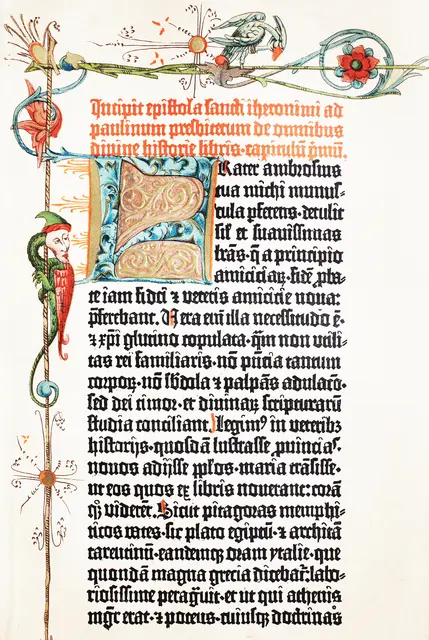 Pierwsza strona Biblii w tłumaczeniu św. Hieronima, Eusebius Sophronius Hieronymus, cyfrowa, ulepszona reprodukcja oryginalnego wydruku z 1895 roku fot. Bildagentur-online/Universal Images Group/Getty Images