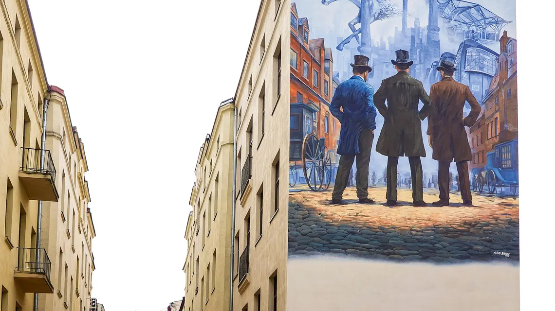 Mural przy ul. Piotrkowskiej w Łodzi autorstwa Macieja Bielewicza upamiętniający 50. rocznicę premiery Ziemi obiecanej Wajdy. To hołd dla jednego z najważniejszych dzieł polskiej kinematografii i symbol filmowego dziedzictwa miasta fot. PIOTR KAMIONKA/REPORTER/east news