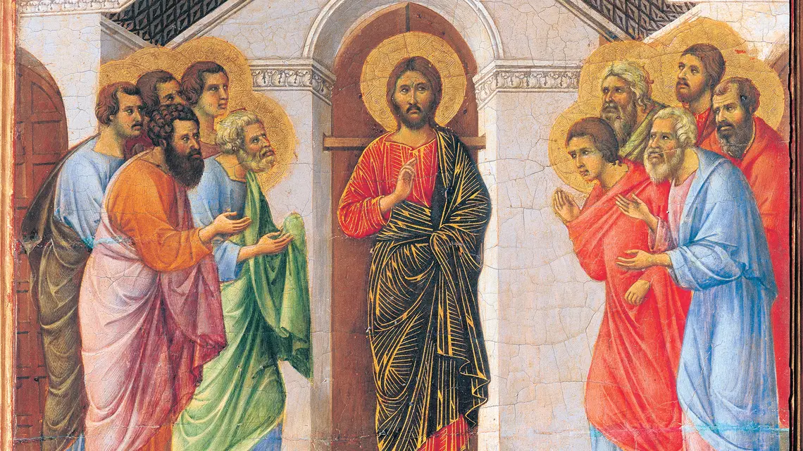 Jezus i apostołowie, La Maestà włoskiego malarza Duccia di Buoninsegny (1308-1311), Museo dell'Opera del Duomo w Sienie fot. Mondadori Portfolio/ Contributor/Getty Images