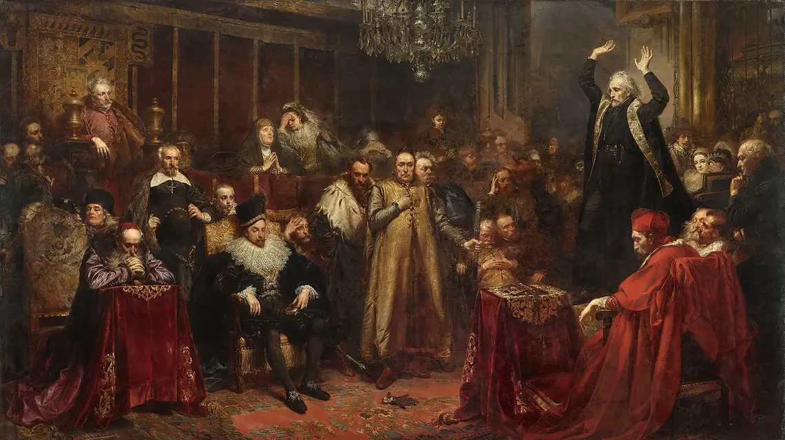 Kazanie Skargi, Jan Matejko, olej na płótnie 1864 r. Ks. Piotr Skarga wygłasza płomienne kazanie, przyjęte bez entuzjazmu przez króla Zygmunta III Wazę fot. wikimedia Commons