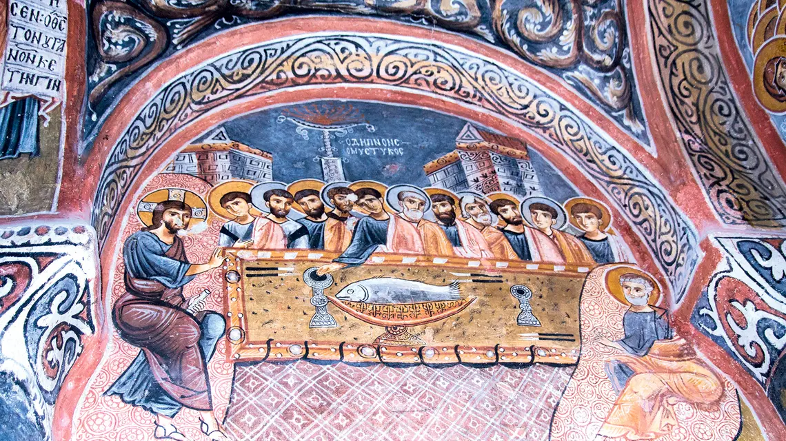 Fresk przedstawiający ostatnią wieczerzę na suficie Ciemnego Kościoła (Karanlik Kilise) w Göreme w Kapadocji, Turcja fot. Santiago Urquijo/ Getty Images