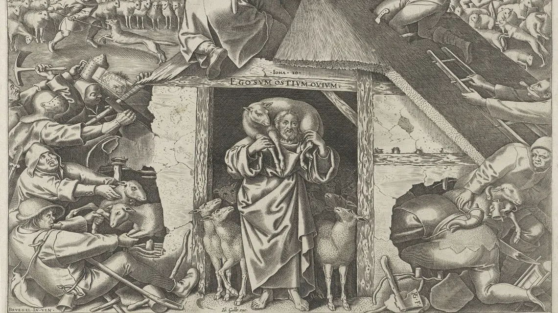 „Ego sum ostium ovium” – „Ja jestem bramą dla owiec” głosi napis na drzwiach na rycinie Philipsa Galle z XVI w. Pokazuje ona dramatyzm przypowieści o Dobrym Pasterzu – by chronić swoje owce, naraża on też swoje życie fot. Sepia Times/Universal Images Group/Getty Images
