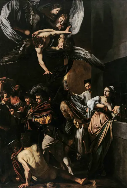 Mroczny, dużych rozmiarów obraz Caravaggia namalowany ok. 1607 roku przechowywany jest w neapolitańskim kościele Pio Monte della Misericordia. Przedstawia siedem uczynków miłosierdzia co do ciała. Stłoczone postaci trzeba wyłowić z ciemnego tła, detale ukazane są, jak to u Caravaggia, w ostrych kontrastach światła fot. Wikimedia Commons
