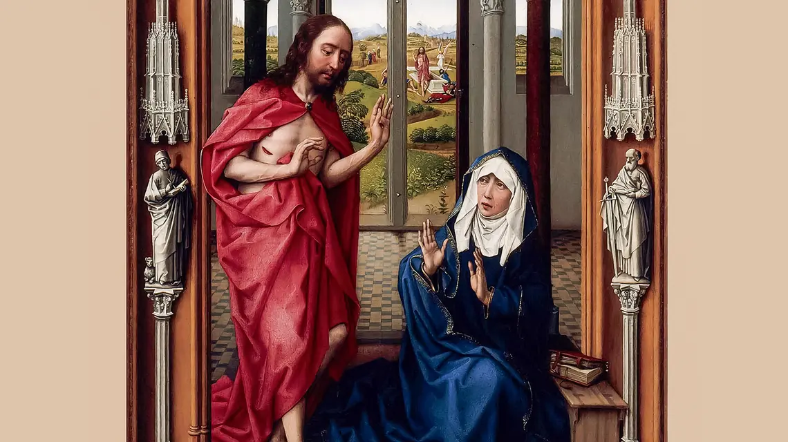 Rogier van der Weyden, Zmartwychwstały Chrystus ukazuje się Maryi (fragment lewego skrzydła tzw. Tryptyku z Miraflores), ok. 1440 r. fot. WIKIPEDIA