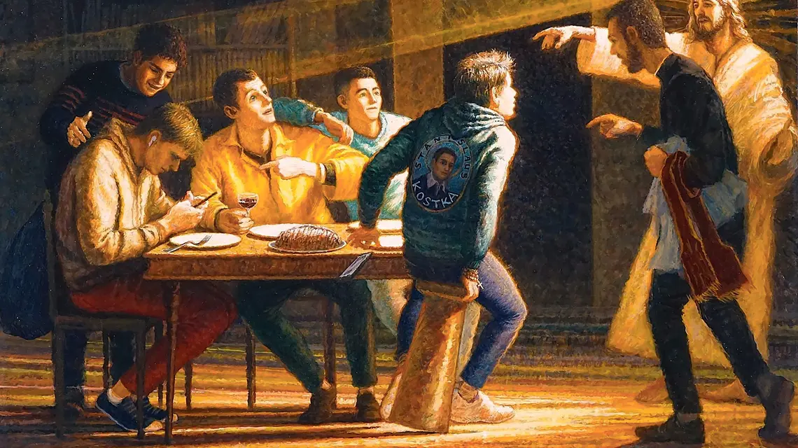 Obraz Brunona Desroche'a aktualizuje scenę biblijną przedstawioną w dziele Caravaggia. Tak jak życie św. Stanisława Kostki pokazuje on, że powołanie każdego człowieka jest tajemnicą i zaczyna się od osobistego spotkania | fot. Materiały prasowe/brunodesroche.fr