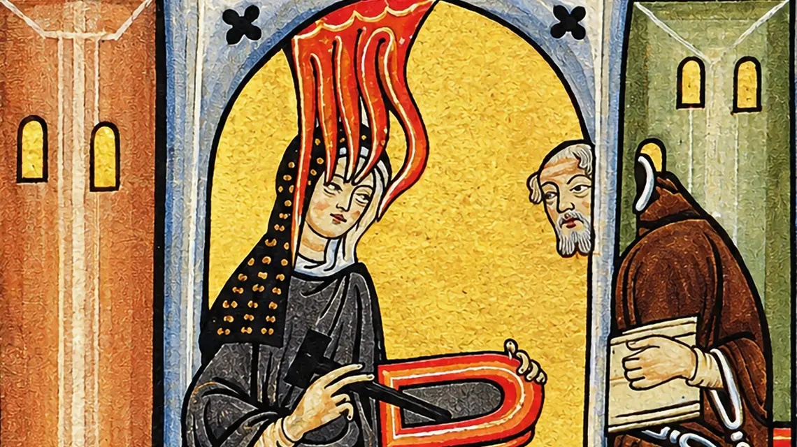 Miniatura przedstawiająca św. Hildegardę z Bingen, otrzymującą boskie natchnienie (wizję) i zapisującą je na tabliczce woskowej, w obecności mnicha sekretarza Volmara, ok. 1165–1175, autor nieznany | fot. Wikipedia