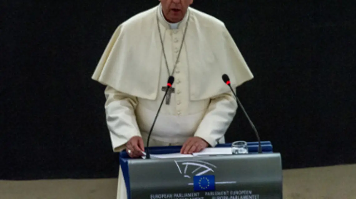 Papież przemawiający w Parlamencie Europejskim, 2014r. 