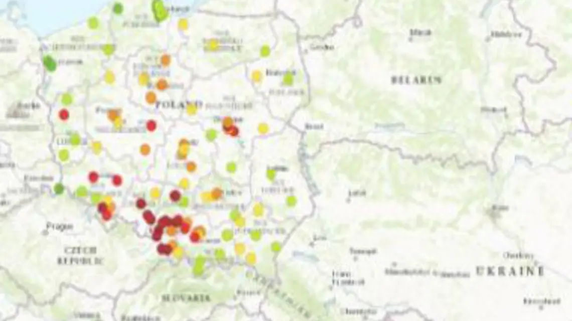 Kolorem czerwonym i żółtym zaznaczone są na mapie miejsca o szczególnym stężeniu niebezpiecznych pyłów i gazów