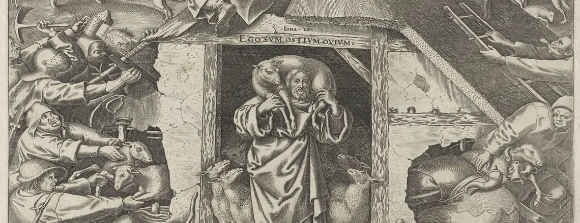 „Ego sum ostium ovium” – „Ja jestem bramą dla owiec” głosi napis na drzwiach na rycinie Philipsa Galle z XVI w. Pokazuje ona dramatyzm przypowieści o Dobrym Pasterzu – by chronić swoje owce, naraża on też swoje życie fot. Sepia Times/Universal Images Group/Getty Images