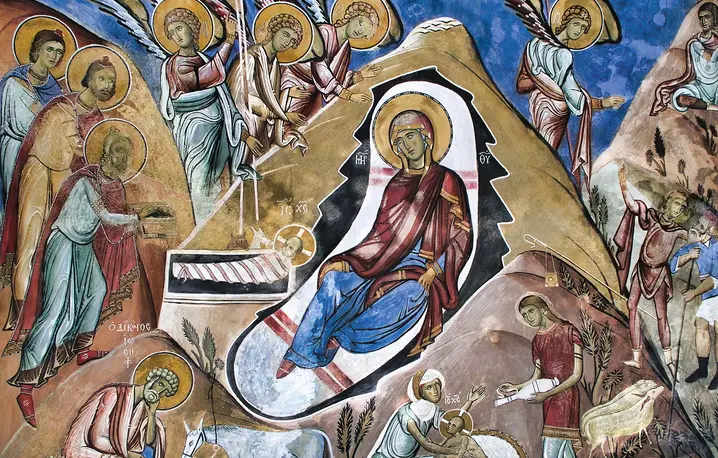 Freski prawosławno- -bizantyjskie – La Panagia tou Araka, czyli Arakos (Cypr) – Narodziny Jezusa z pierwszą kąpielą fot. Gianpiero/Adobe Stock