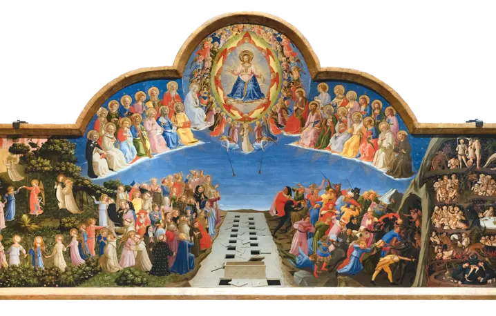 Sąd Ostateczny, Fra Angelico, 1425–1430. Po lewej stronie Chrystusa zasiadającego na tronie potępieni wtrącani do piekła, po prawej – zbawieni. W centrum otwarte groby symbolizują zmartwychwstanie umarłych fot. Wikipedia