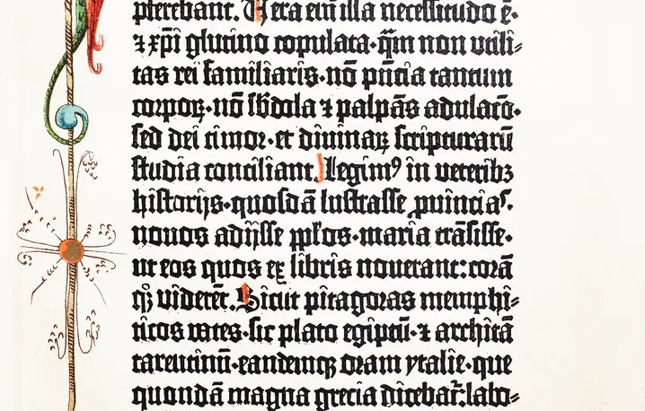 Pierwsza strona Biblii w tłumaczeniu św. Hieronima, Eusebius Sophronius Hieronymus, cyfrowa, ulepszona reprodukcja oryginalnego wydruku z 1895 roku fot. Bildagentur-online/Universal Images Group/Getty Images