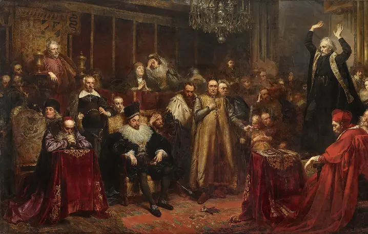 Kazanie Skargi, Jan Matejko, olej na płótnie 1864 r. Ks. Piotr Skarga wygłasza płomienne kazanie, przyjęte bez entuzjazmu przez króla Zygmunta III Wazę fot. wikimedia Commons