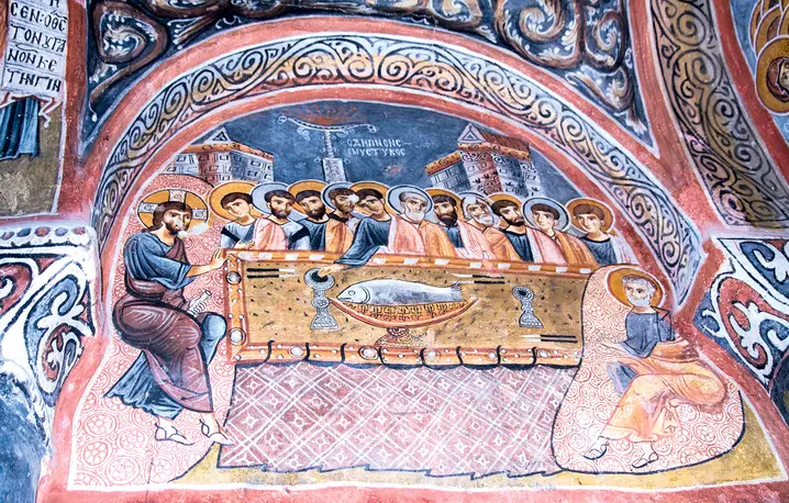 Fresk przedstawiający ostatnią wieczerzę na suficie Ciemnego Kościoła (Karanlik Kilise) w Göreme w Kapadocji, Turcja fot. Santiago Urquijo/ Getty Images