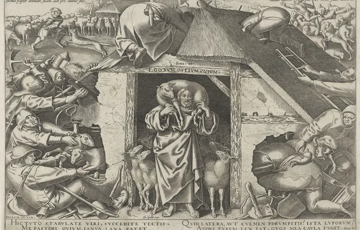 „Ego sum ostium ovium” – „Ja jestem bramą dla owiec” głosi napis na drzwiach na rycinie Philipsa Galle z XVI w. Pokazuje ona dramatyzm przypowieści o Dobrym Pasterzu – by chronić swoje owce, naraża on też swoje życie fot. Sepia Times/Universal Images Group/Getty Images
