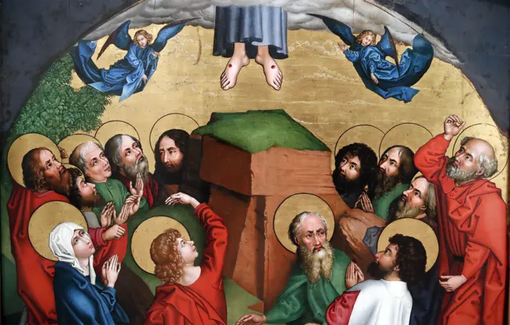 Martin Schongauer, Święto Wniebowstąpienia Jezusa Chrystusa, olej na desce, koniec XV w. Colmar, Francja. Wniebowstąpienie nie może być rozumiane jako zwykłe „odejście” czy „rozstanie się” z uczniami – wręcz przeciwnie, tajemnicze odejście Chrystusa oznacza nową formę Jego bliskości | fot. Godong/Universal Images Group/Getty Images