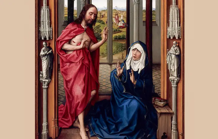 Rogier van der Weyden, Zmartwychwstały Chrystus ukazuje się Maryi (fragment lewego skrzydła tzw. Tryptyku z Miraflores), ok. 1440 r. fot. WIKIPEDIA