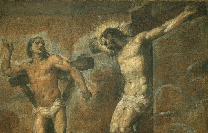 Chrystus i Dobry Łotr. Obraz Tycjana z 1565 r. znajduje się w Galerii Narodowej w Bolonii we Włoszech fot. Mondadori Portfolio/Contributor/Getty Images