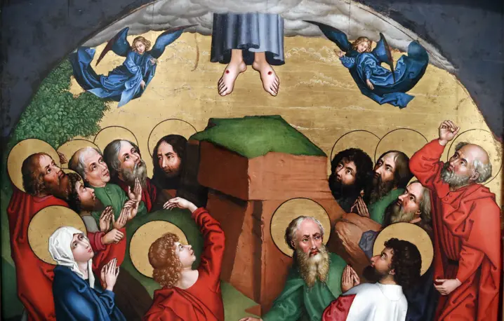 Martin Schongauer, Święto Wniebowstąpienia Jezusa Chrystusa, olej na desce, koniec XV w. Colmar, Francja. Wniebowstąpienie nie może być rozumiane jako zwykłe „odejście” czy „rozstanie się” z uczniami – wręcz przeciwnie, tajemnicze odejście Chrystusa oznacza nową formę Jego bliskości | fot. Godong/Universal Images Group/Getty Images