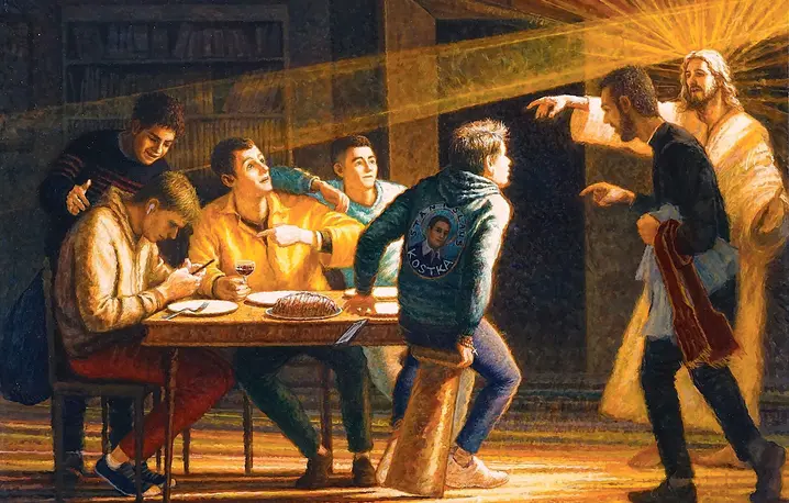 Obraz Brunona Desroche'a aktualizuje scenę biblijną przedstawioną w dziele Caravaggia. Tak jak życie św. Stanisława Kostki pokazuje on, że powołanie każdego człowieka jest tajemnicą i zaczyna się od osobistego spotkania | fot. Materiały prasowe/brunodesroche.fr