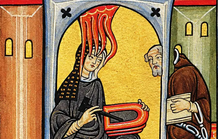Miniatura przedstawiająca św. Hildegardę z Bingen, otrzymującą boskie natchnienie (wizję) i zapisującą je na tabliczce woskowej, w obecności mnicha sekretarza Volmara, ok. 1165–1175, autor nieznany | fot. Wikipedia