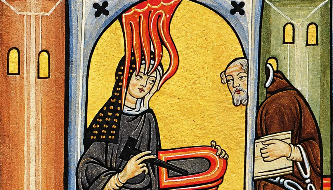 Miniatura przedstawiająca św. Hildegardę z Bingen, otrzymującą boskie natchnienie (wizję) i zapisującą je na tabliczce woskowej, w obecności mnicha sekretarza Volmara, ok. 1165–1175, autor nieznany | fot. Wikipedia