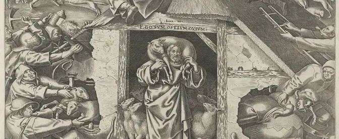 „Ego sum ostium ovium” – „Ja jestem bramą dla owiec” głosi napis na drzwiach na rycinie Philipsa Galle z XVI w. Pokazuje ona dramatyzm przypowieści o Dobrym Pasterzu – by chronić swoje owce, naraża on też swoje życie fot. Sepia Times/Universal Images Group/Getty Images