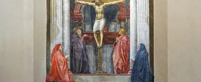 Renesansowy fresk Masaccia, Trójca Święta (ok. 1425–1427), w Bazylice Santa Maria Novella we Florencji. Widoczni na zdjęciu zwiedzający pozwalają poczuć monumentalną skalę tego przełomowego dzieła sztuki sakralnej | fot. Flickr