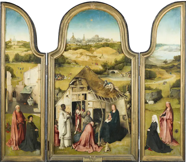 Pokłon Trzech Króli, Hieronim Bosch, w lewym skrzydle tryptyku widać św. Józefa, który nie jest już postacią w&nbsp;głównej scenie wydarzenia. Tu, niemal&nbsp;niezauważony, suszy przy ognisku pieluchy Jezusa fot. wikipedia