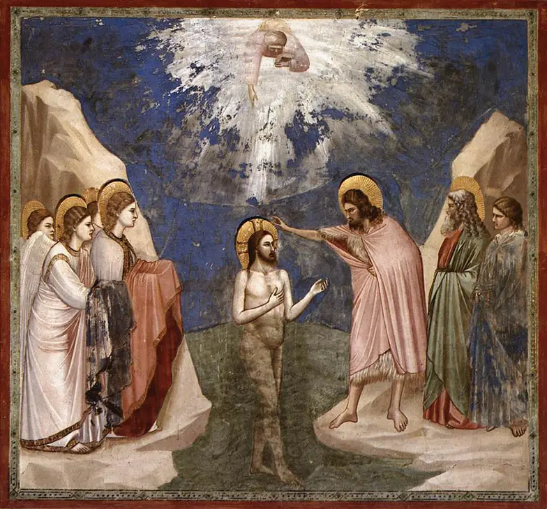 Chrzest Jezusa, Giotto di Bondone, namalowany w latach 1303-1305, fresk znajduje się w kaplicy Scrovegnich w Padwie. Oryginalność obrazu Giotta polega na zobrazowaniu rozmowy między Janem i&nbsp;Jezusem fot. wikipedia